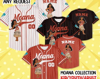 Camiseta personalizada de la princesa Disney Moana, sencilla, con nombre personalizado para el día del juego de Disney, para niños y adultos, regalo de atuendo a juego de la princesa Disney para fanáticos del béisbol.