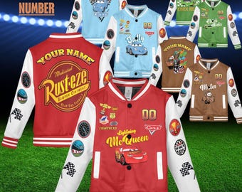 Lightning Mcqueen 95 Fleece Bomber Jacket,Rust-Eze Cars Piston Cup Champion Racing Jacket,Radiator Spring,Mater Sally Disneyland Family Trip