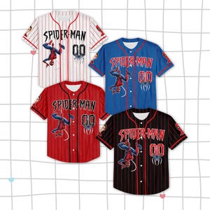 May include: Four baseball jerseys featuring the Spider-Man logo and character. The jerseys are red, white, blue, and black, with the number "00" and the Spider-Man logo on the front. Each jersey has a button-up front and short sleeves.