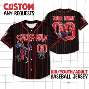 May include: Black baseball jersey with red pinstripes, featuring Spider-Man graphics. The front displays "SPIDER-MAN" and "00", while the back has space for a name and the number "00". The jersey is available in kid, youth, and adult sizes.