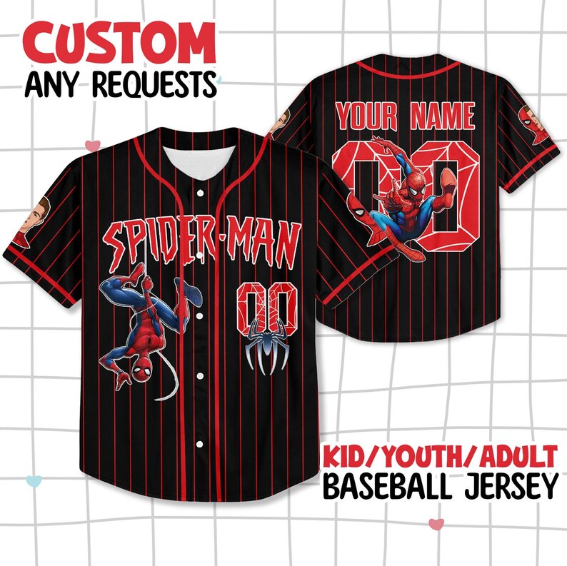 May include: Black baseball jersey with red pinstripes, featuring Spider-Man graphics. The front displays "SPIDER-MAN" and "00", while the back has space for a name and the number "00". The jersey is available in kid, youth, and adult sizes.