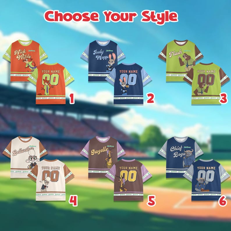 May include: A selection of six short-sleeved t-shirts with cartoon character designs. Each shirt features a different character's name and a space for a custom name and the number 00. The shirts are in various colors, including orange, blue, and green.