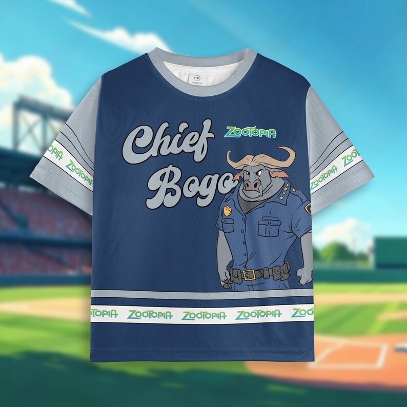 May include: A navy blue t-shirt featuring Chief Bogo from Zootopia. The shirt has gray sleeves with "Zootopia" printed on them. The text "Chief Bogo" is in white and gray, with the Zootopia logo above the character. A white stripe with "Zootopia" is at the bottom.