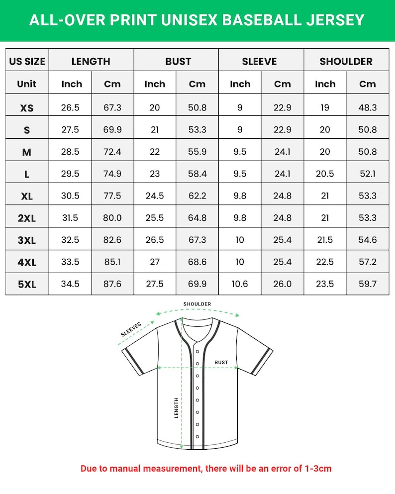 Pode incluir: Tabela de tamanhos para uma camisa de beisebol unissex com estampa total. Os tamanhos variam de XS a 5XL, com medidas em polegadas e cent&iacute;metros para comprimento, busto, manga e ombro. Um diagrama da camisa tamb&eacute;m est&aacute; inclu&iacute;do.