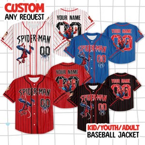 May include: Baseball jackets in red, blue, black, and white with a Spider-Man theme. The jackets feature the Spider-Man logo, the number 00, and the option to add a name. The text "CUSTOM ANY REQUEST" is at the top.