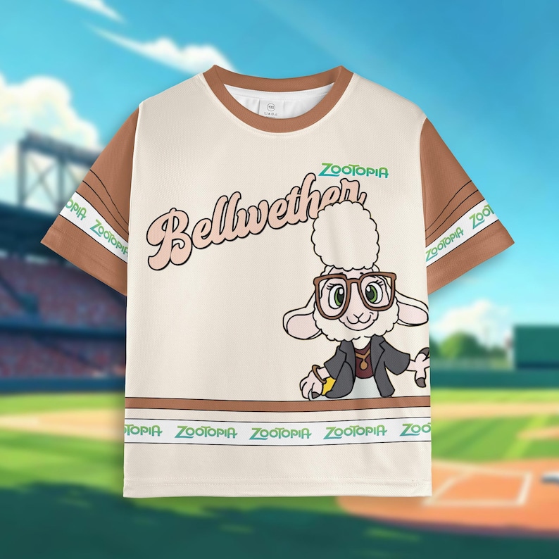 May include: Cream-colored t-shirt with brown sleeves and collar featuring a cartoon sheep wearing glasses and a suit. The shirt has the word "Zootopia" and "Bellwether" printed on it, with a baseball field background.