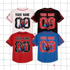 May include: Four baseball jerseys in red, white, black, and blue, each with a Spider-Man graphic and the text "YOUR NAME" above a large "00". The jerseys have red and white pinstripes.