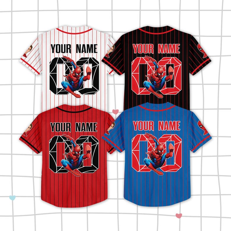 May include: Four baseball jerseys in red, white, black, and blue, each with a Spider-Man graphic and the text "YOUR NAME" above a large "00". The jerseys have red and white pinstripes.
