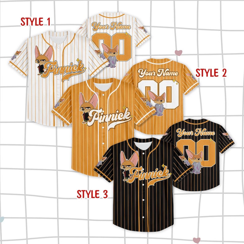 May include: Baseball jerseys in three styles: white with orange stripes, orange with white stripes, and black with orange stripes. Each jersey features a cartoon fox character and the name "Finnick" or customizable text.