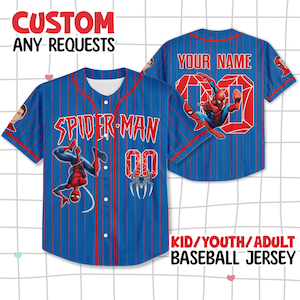 May include: Blue baseball jersey with red pinstripes, featuring Spider-Man graphics and the text "SPIDER-MAN" and "00". The jersey includes the text "CUSTOM ANY REQUESTS" and "KID/YOUTH/ADULT BASEBALL JERSEY". The back of the jersey has the text "YOUR NAME".