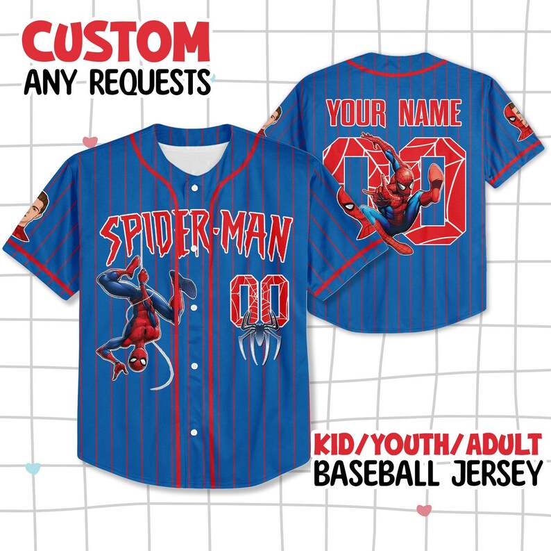 May include: Blue baseball jersey with red pinstripes, featuring Spider-Man graphics and the text "SPIDER-MAN" and "00". The jersey includes the text "CUSTOM ANY REQUESTS" and "KID/YOUTH/ADULT BASEBALL JERSEY". The back of the jersey has the text "YOUR NAME".
