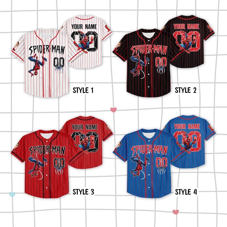 May include: Baseball jerseys featuring Spider-Man graphics. Styles include red and white pinstripes, black with red stripes, solid red, and blue. Each jersey has "Spider-Man" printed on the front and a number on the back. The image shows four different styles.