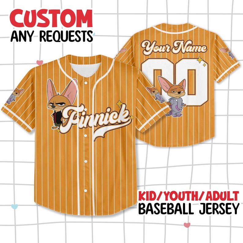 May include: Mustard yellow baseball jersey with white pinstripes, featuring a cartoon fox character and the name "Finnick". The jersey has the text "Your Name" and the number "00" on the back. The text "CUSTOM ANY REQUESTS" is at the top.