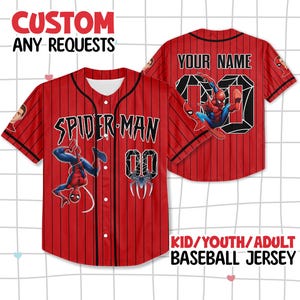 May include: Red baseball jersey with black pinstripes, featuring Spider-Man graphics and the text "SPIDER-MAN" and "00". The jersey includes the text "CUSTOM ANY REQUESTS" and "KID/YOUTH/ADULT BASEBALL JERSEY". The back of the jersey has the text "YOUR NAME".