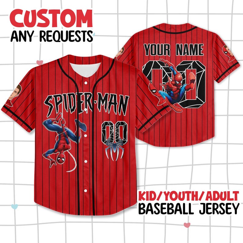 May include: Red baseball jersey with black pinstripes, featuring Spider-Man graphics and the text "SPIDER-MAN" and "00". The jersey includes the text "CUSTOM ANY REQUESTS" and "KID/YOUTH/ADULT BASEBALL JERSEY". The back of the jersey has the text "YOUR NAME".