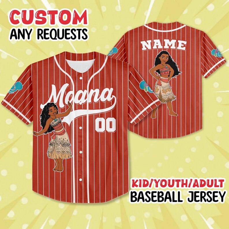 Puede incluir: Camiseta de b&eacute;isbol roja con finas rayas blancas, con el nombre "Moana" y el n&uacute;mero "00" en la parte delantera. La camiseta presenta una imagen de dibujos animados de Moana. La parte trasera tiene la palabra "NAME" y otra imagen de Moana. Tambi&eacute;n se ve el texto "CUSTOM ANY REQUESTS" y "KID/YOUTH/ADULT BASEBALL JERSEY".