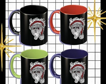 Hand Drawn Santa Mug, Christmas Gift, Custom Color Handle & Inside, Gothic Christmas Coffee Cup, Unique Xmas Gift for Him/Her