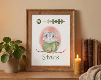 Hand Drawn Custom Pet Portrait | Art with Spotify Code - QR | Funny Crayon Style Pet Art | Personalized Dog & Cat Gift, Pet Lover Gift