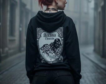 Gothic Raven Hoodie | Hand-Drawn Tarot Hoodie | Dark Academia Pullover | Alternative Streetwear | Witchy Gift for Him Her
