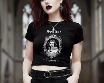Gothic Graphic Tee | Hand-Drawn Prayer Art Print Shirt | Religious Gothic Aesthetic Gift for Her | Goth Crop