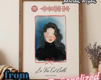 Custom Hand Drawn Portrait, Illustration from Photo with Spotify QR Code, Personalized Song Art Commission, Unique Gift for Her - Him