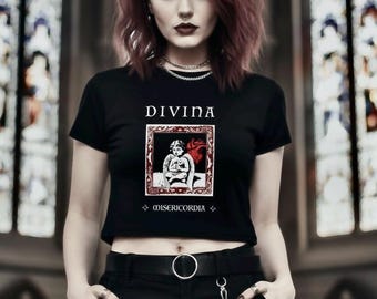 Gothic Graphic Tee | Hand-Drawn Sacred Heart Crop Top | Dark Academia Religious Art Shirt | Aesthetic Gift | Gothic Top