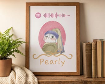 Hand Drawn Custom Pet Portrait | Personalized Crayon Style Pet Art with Spotify QR Code, Pet Lover Gift, Pet as Girl with a Pearl Earring