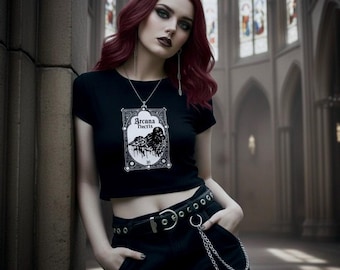 Women Gothic Crop Top | Floral Raven Tarot Occult Tee | Witchy Shirt | Alternative Grunge Gift for Her | Gothic Graphic Tee