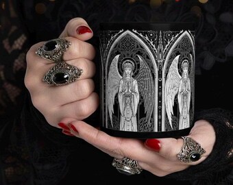 Religious Gothic Mug, Valentines Day Gift Mug, Vintage Gothic Angel, Sacred Cathedral Pattern Coffee Cup, Angelic Art, Religious Gift