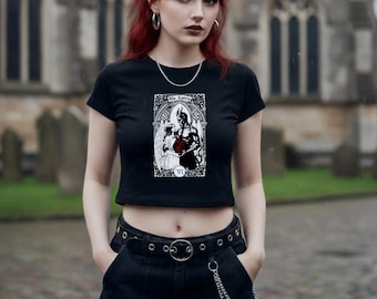 Gothic Graphic Tee , Crop Top | Angel & Devil The Lovers Tarot Design | Dark Aesthetic Tee | Alternative Gift for Her