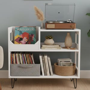 Mueble para discos de vinilo moderno / Soporte para tocadiscos hecho a mano con almacenamiento / Consola multimedia retro de madera / Mesa para tocadiscos de mediados de siglo