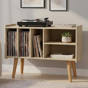 Handmade Mid Century Turntable Stand Vinyl Storage, Wooden Record Player Table Cabinet, MDF Music Console Furniture,