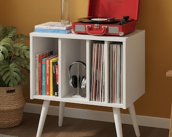 Modern Vinyl Record Stand – Mid Century Wood Turntable Cabinet – Handmade Media Console with Storage Shelves
