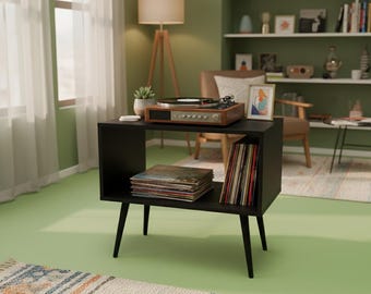 Mid Century Doppelregal Schallplattenkonsole | MDF Plattenspieler Ständer | Moderne Schallplatte | Handgefertigte Media Konsole für Zuhause