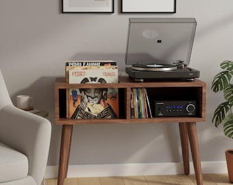 Mid-Century Plattenspieler Ständer | Schallplattenaufbewahrung | Handgefertigte MDF Media Konsole