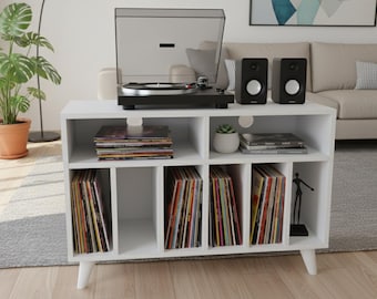 White Record Player Stand | Handmade White Vinyl Storage Cabinet | Hi-Fi Console Table | Turntable Stand with LP Storage | Modern Audio Unit