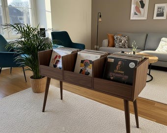 MDF Plattenspieler Schrank – Plattenspielerschrank mit Schallplatten Aufbewahrung – Mid Century Modern Media Konsole für LPs & Musikliebhaber