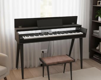 May include: A black digital piano with a matching bench. The piano has a full keyboard with white and black keys. The bench has a brown cushioned seat. The piano is set against a window with white curtains.