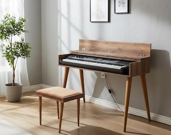May include: A wooden piano with a keyboard and a matching stool. The piano has a dark brown finish with a hinged top. The stool has a cushioned seat. The piano and stool are set on a light brown wooden floor.