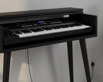 May include: A black digital piano with white and black keys, set in a black wooden stand with angled legs. The piano has a display screen and various control buttons. The stand has a built-in shelf and a top cover.