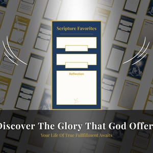 Op de afbeelding: Een verzameling "Scripture Favorites" kaarten met een marineblauwe en gouden design. De kaarten hebben ruimte voor notities en reflectie. De afbeelding bevat ook de tekst "Discover The Glory That God Offers" en "Your Life Of True Fulfillment Awaits."