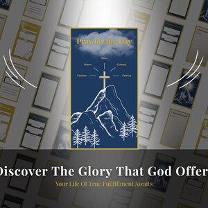 Könnte beinhalten: Eine marineblaue Karte mit dem Text "Pray for the Day" über einer Bergillustration und einem Kreuz. Die Karte ist von anderen Karten mit goldenen Rändern umgeben. Der untere Teil des Bildes lautet "Discover The Glory That God Offers".