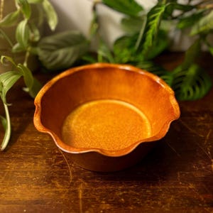 May include: A ceramic bowl with a wavy rim and a warm, earthy color palette. The interior is a lighter shade of orange, while the exterior is a darker brown. The bowl sits on a wooden surface, with green plants in the background.