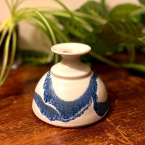 Vintage Warren Village Pottery Signed Blue Wave Bud Vase