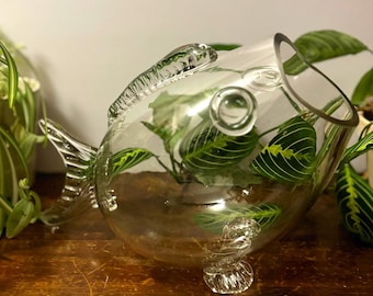 Escultura de cristal con forma de pez de boca abierta estilo Blenko vintage y recipiente para terrario.