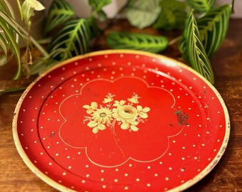 Vintage Red Tin Tray with Handpainted White Polka Dots & Cream Flowers