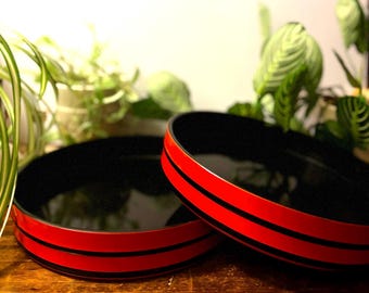 Vintage Japanese Red-Orange & Black Laquered Large Stacking Trays (Set of Two)