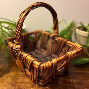 May include: A rectangular brown woven basket featuring a single arched handle. The basket is constructed from thick, flexible strips of wood with a visible open-weave pattern along the sides and a solid, tightly woven base for structural support.