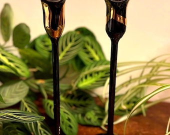 Vintage Glas Schwarz & Gold Tulip Style Kerzenhalter (2er Set)