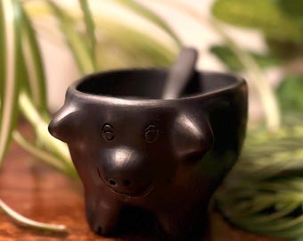 Oaxacan Black Clay Decorative Pig Serving Dish & Spoon